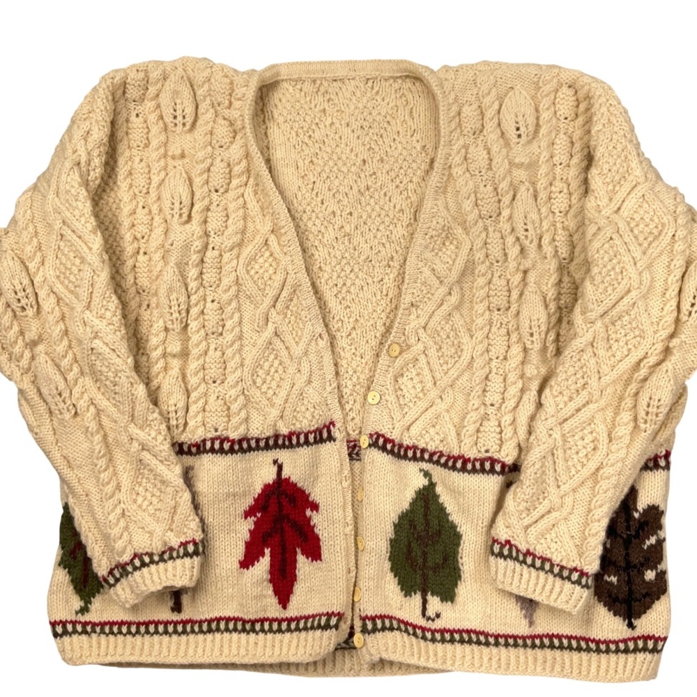 Handknit Cardigan Women XL Cream Leaf Cable Knit Chunky Fisherman Sweater